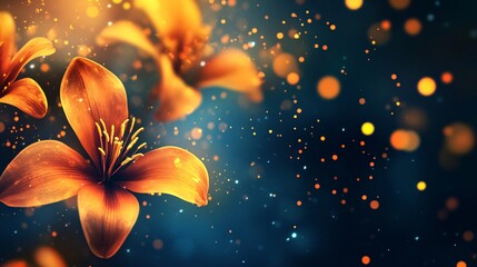 Orange lilies blooming in magical night with sparkling particles
