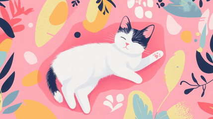 cute cat lounging on pink background surrounded by colorful leaves and shapes, exuding relaxed and playful vibe
