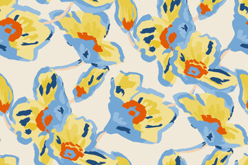 Abstract floral seamless pattern. Bright colors, gouache painting.hand drawn, not AI