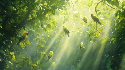 Obraz premium Sunlit Green Canopy With Colorful Parrots Resting