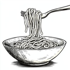 A fork lifts strands of spaghetti from a bowl, showcasing a classic pasta dish in a simple yet artistic illustration.