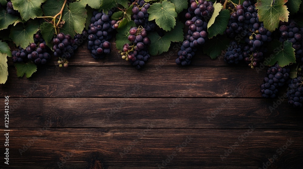 Poster fresh geneva grapes in rich purple hue arranged atop a rustic wooden table with blank space for text