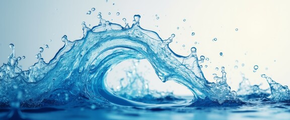 Fototapeta premium A stunning close-up captures a vibrant splash of water, elegantly curling into a wave shape against a soft gradient background. This image evokes a sense of fluidity and energy, showcasing the beauty