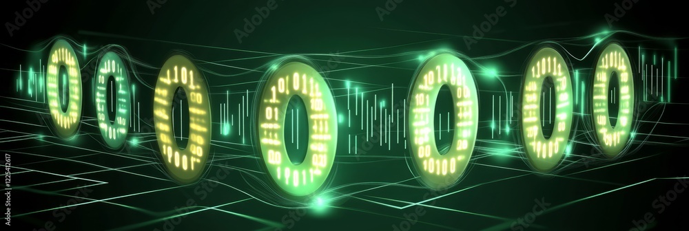 Poster digital currency with light glow, blockchain financial future, encryption data visualization