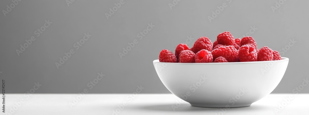 Poster fresh raspberries in a white bowl on a minimalist gray background with copy space for text and smoot