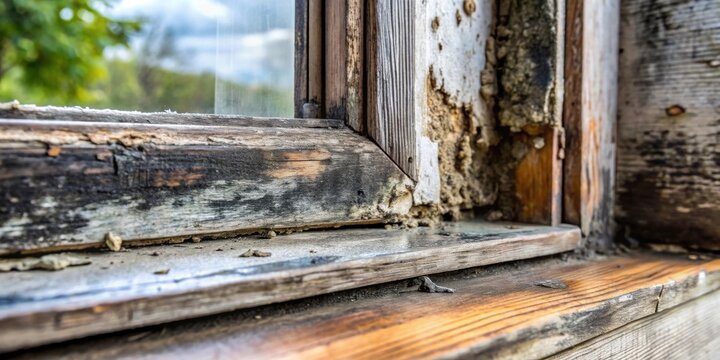 Close-up of severely weathered and decaying window frame showing extensive water damage and insect infestation