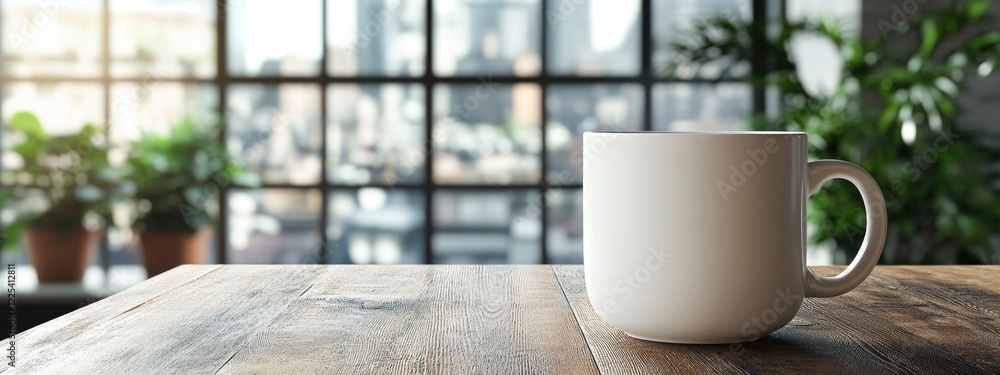 Poster white porcelain mug on rustic wooden table in bright modern office with large windows and plants sho