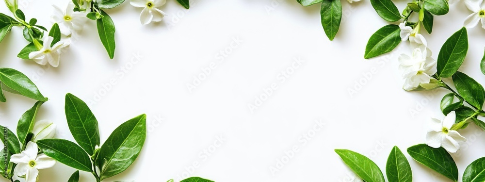Poster isolated white jasmine flowers and green leaves arranged on a clean white background with ample copy