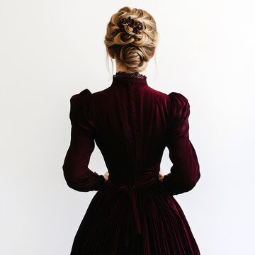 Back view of a Stylish 1850s Woman in a Red Blue Dress and Hat, White Background, Generative AI