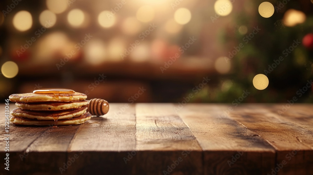 Poster wooden table surface with blurred warm background of pancakes and honey drizzle with copy space for 