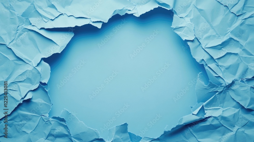 Poster crumpled light blue paper texture on soft blue background with torn edges creating space for text an