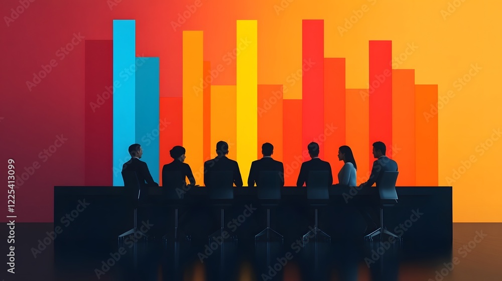 Poster diverse business team analyzing colorful 3d financial data visualizations
