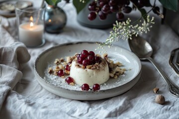 Elegant dessert plate featuring skyr yogurt with fresh lingonberries and nuts
