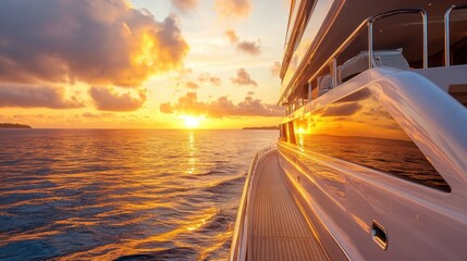 Obraz premium A sunset cruise captures the golden glow over calm waters.