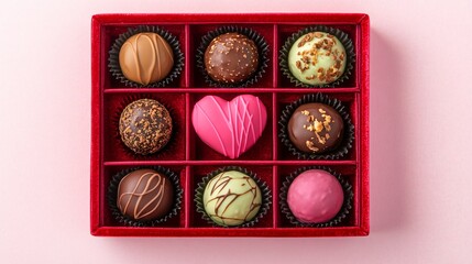 Obraz premium A heart-shaped vegan chocolate truffle collection in a red velvet box, isolated on pastel pink