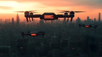Futuristic Talent Scouting with Drones Delivering Digital Resumes in Urban Skyline Setting