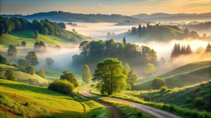 Serene Sunrise over Rolling Hills and Misty Meadows, a Winding Road Beckons Through Verdant Landscape