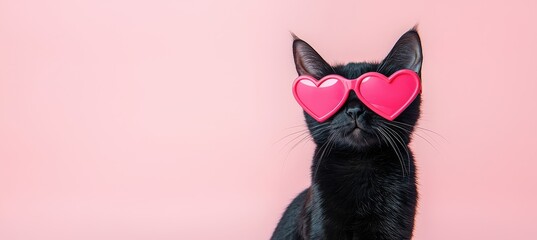 Stylish black cat with pink heart-shaped sunglasses on a pastel pink background. Ideal for Valentine's Day campaigns, trendy pet designs, and fun promotional materials