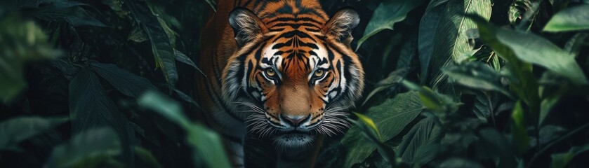 Fototapeta premium A tiger prowls silently through dense jungle foliage.