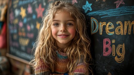 Fototapeta premium Young Girl Writing Motivational Message on Chalkboard Surrounded by Glowing Chalk Stars