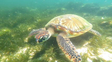 Obraz premium A turtle swims gracefully in the clear waters of a lagoon.