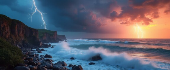 A breathtaking coastal landscape captures the raw power of nature, featuring crashing waves and striking lightning against a vibrant sunset. The scene evokes a sense of awe and intensity, showcasing
