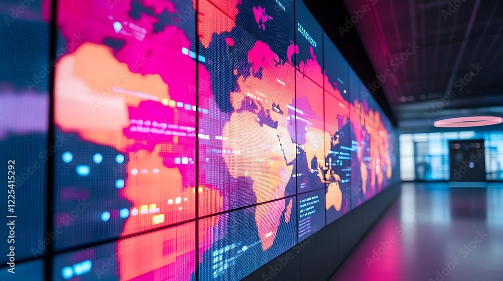 Poster global business success map displayed on high-tech screen