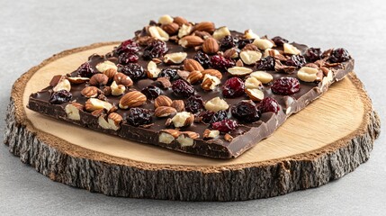 A rustic vegan chocolate bark with hazelnuts and dried cherries, styled on a wooden platter, isolated on gray background