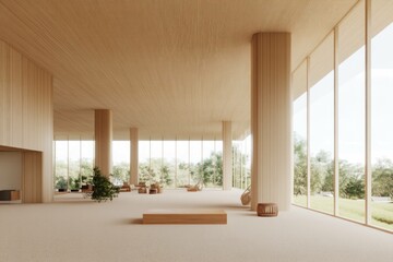 Modern minimalist interior design showcasing a spacious, well lit open space with wooden pillars, large windows, and natural greenery, emphasizing tranquility and simplicity