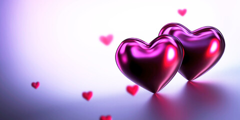Two shiny purple hearts celebrating valentine's day with smaller hearts in the background. Backdrop creating a romantic atmosphere perfect