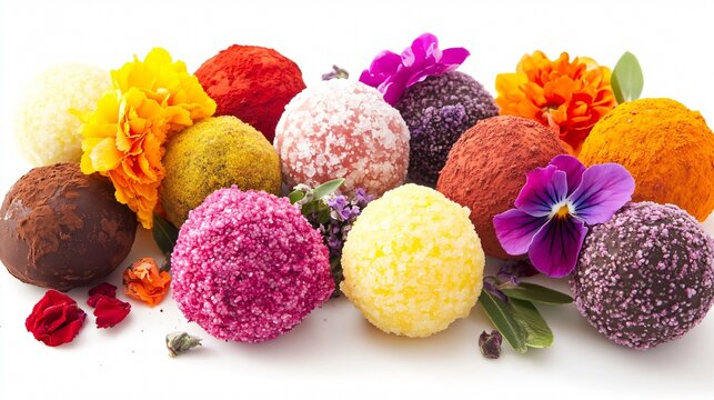 A vibrant assortment of vegan chocolate truffles in various colors, styled with edible flowers, isolated on white background