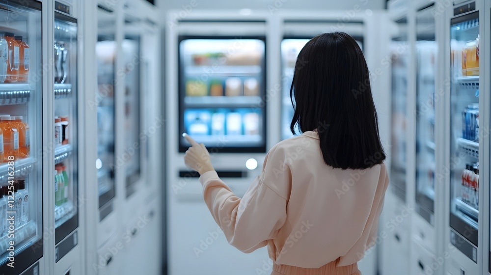Poster touchless vending machine in futuristic mall with virtual product selection
