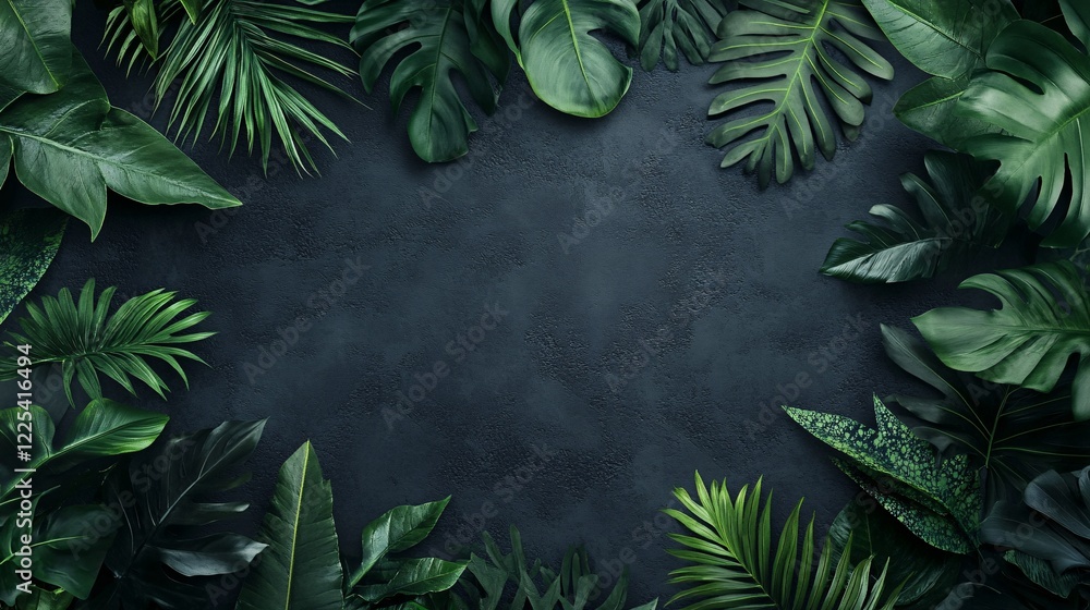 Poster creative layout made of tropical leaves creating a frame on dark background