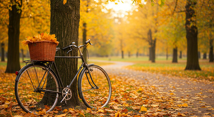 Autumn Bicycle with Basket of Leaves in Golden Park