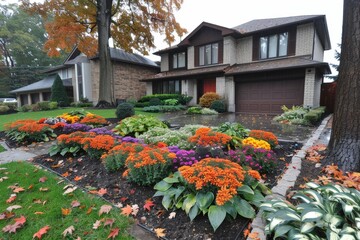 Obraz premium A charming house with a well-maintained garden, featuring vibrant flowers and lush greenery, set against a backdrop of autumn foliage.