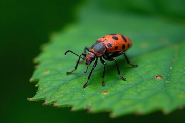 Fototapeta premium Unidentified insect on dark green leaf with tiny red spots, macro photography, foliage