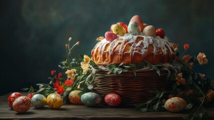 Easter basket with a traditional cake and decorated eggs