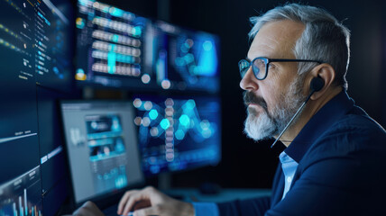 Business analyst working with advanced technology, monitoring real-time data on multiple digital screens in a high-tech office environment.