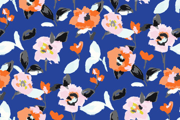 Abstract floral seamless pattern. Bright colors, gouache painting.hand drawn, not AI