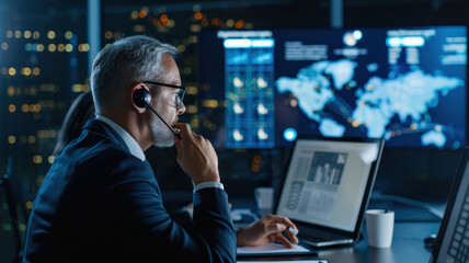 Business executive working late at night, analyzing global data on multiple digital screens during a corporate video conference.