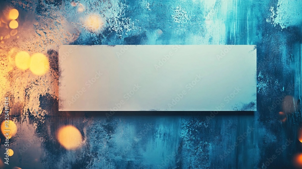 Poster empty frame hanging on grunge wall with bokeh lights creating warm and cool tones