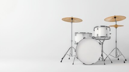 White drum set featuring wooden drum and various percussion instruments on a stage background