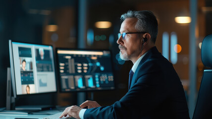 Dedicated business executive working late in a modern office, analyzing data on multiple screens with a focused and strategic mindset.
