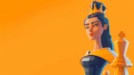 Chess queen with crown protecting her king in a chess game strategy on plain background with copyspace for text
