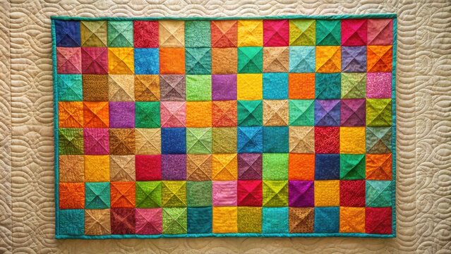 Vibrant patchwork quilt with colorful squares and teal border displayed on a textured beige background