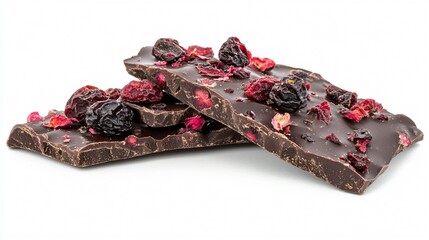 Handcrafted vegan chocolate bark with vibrant dried berries, isolated on a clean white background