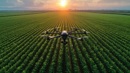Drone Surveying Agricultural Field at Sunset