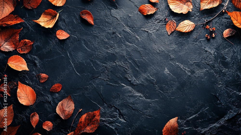 Poster autumn leaves forming a border on dark stone background with copy space