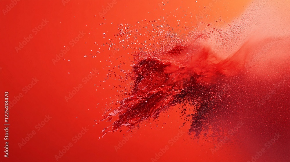 Poster Red liquid splashing and making a big stain on red background