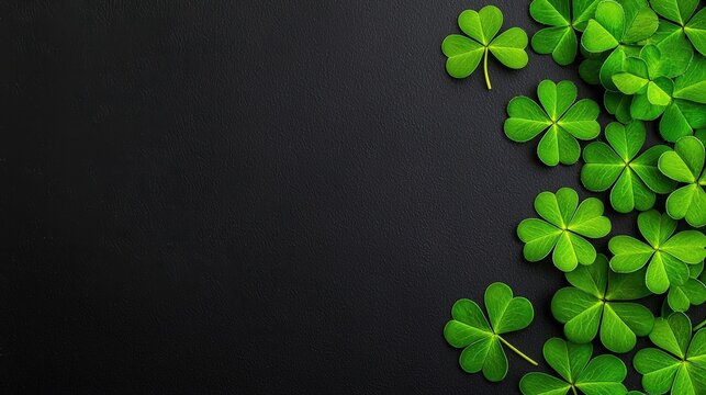 Bunch of green shamrock leaves on a contrasting black background and vibrant green background